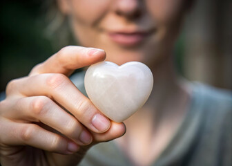 Person holds heart shaped stone close to their face, symbolizing love, care, and mindfulness in natural outdoor setting, with gentle and peaceful expression