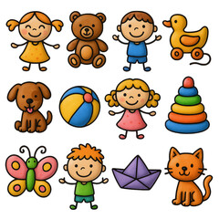 sets of 3d icons transparent PNG of Whimsical children doodle icons bundle, colorful hand-drawn kids with toys and animals on transparent background.