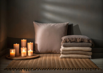 Candle, pillow, blanket, and rug create cozy, calming corner with soft textures and warm lighting, perfect for relaxation and peaceful moments at home