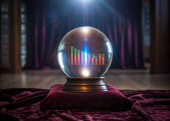 Crystal ball showing compound interest graphs, financial growth, investment forecast, and futuristic analytics on velvet cushion in dramatic, mysterious setting