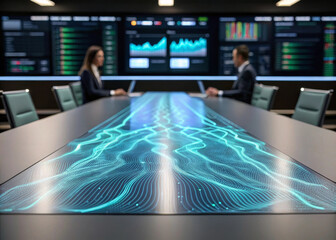 Futuristic conference room with digital table display, business professionals, data visualization, financial graphs, and modern technology create innovative, high tech atmosphere for discussion