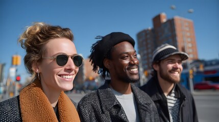 Diverse group of friends smiling and walking together on a city street