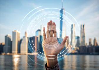 Double exposure of hand with digital hologram overlay and city skyline, symbolizing technology, innovation, and urban connectivity in modern business environment