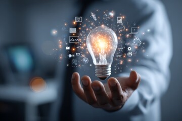 A glowing light bulb hovers above a businessman’s hand, symbolizing a moment of insight and innovation.