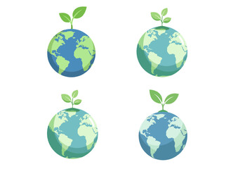 Stylized Earth with a small plant sprouting on top in soft green and blue, flat vector illustration isolated on white