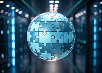 Floating holographic puzzle sphere in futuristic data center, glowing blue pieces assembling mid air, symbolizing innovation, technology, and digital connection