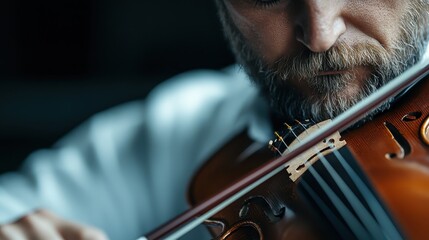 An intimate close-up image of a focused musician playing the violin, highlighting the artistry, emotion, and craftsmanship involved in the musical performance.
