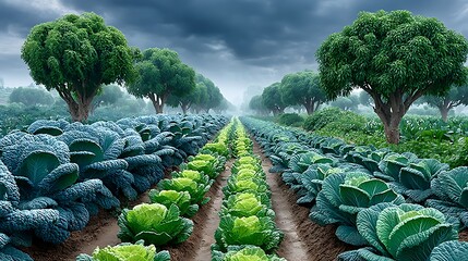 Fresh green and blue cabbage plantation high resolution photo