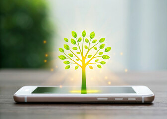 Smartphone tree technology growth green digital nature innovation eco friendly environment�A vibrant green tree emerges from smartphone symbolizing eco friendly technology digital growth
