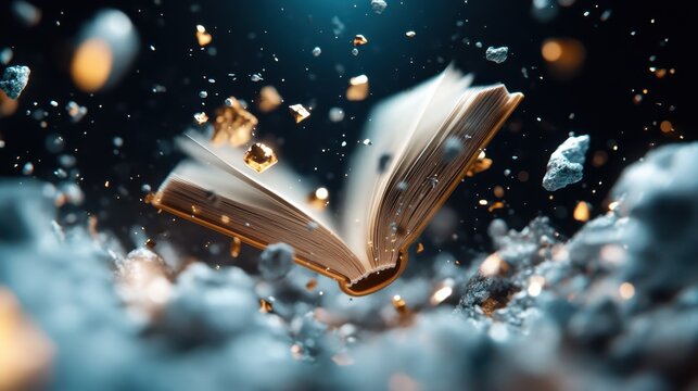 This mesmerizing image captures an open book surrounded by flying fragments and shimmering particles, symbolizing the power of knowledge and the transformative nature of learning and stories.