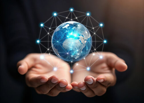 Hands offering floating hologram of Earth, connected by glowing network nodes, symbolizing global communication, technology, and innovation in futuristic digital world