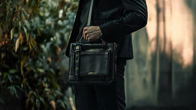 A man in a black suit holding a black briefcase