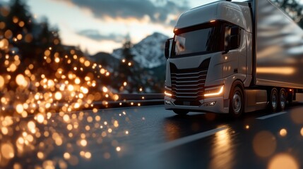 This stunning image showcases a modern truck traveling along a scenic mountain road, highlighting transportation, the beauty of nature, and the spirit of exploration on the open road.