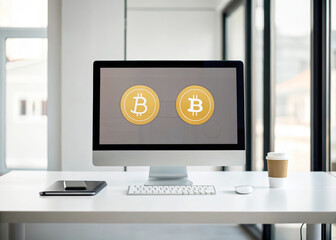 Minimalist workspace with digital cryptocurrency symbol on computer screen, modern office interior, bright natural light, clean desk, and coffee cup create focused atmosphere