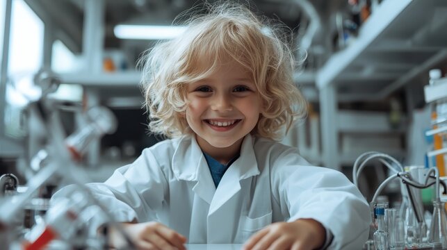 This heartwarming image portrays a smiling child in a lab coat surrounded by science equipment, embodying curiosity, learning, and the wonder of discovery in the world of science.
