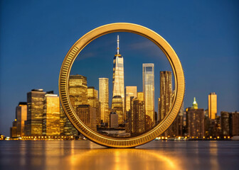 Vibrant city skyline reflected in giant gold coin, modern skyscrapers illuminated at dusk, urban architecture, financial district, creative cityscape concept