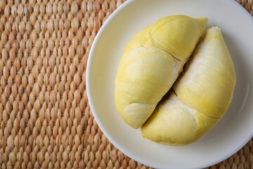 Close up of Fresh Durian on white plate  , top view food table, fruit	