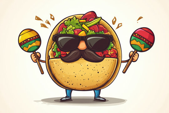 Mexican Taco Character with Maracas. Cheerful cartoon taco character wearing sunglasses and a mustache, holding maracas, and celebrating Mexico.