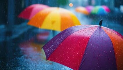 Colorful umbrellas in a rainy city street (1)