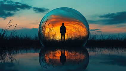 Silhouette figure inside a large orb, reflecting a sunset landscape