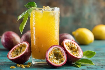 Vibrant and nutritious passion fruit juice with a lemon backdrop