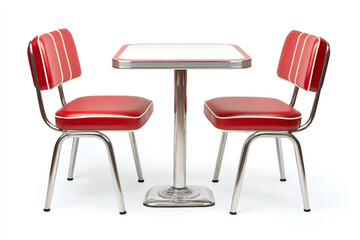 Fototapeta premium Red and white retro diner table with two chairs, isolated on a clear background, front view, in the style of a stock photo