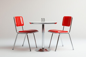 Obraz premium Red and white retro diner table with two chairs, isolated on a clear background, front view, in the style of a stock photo
