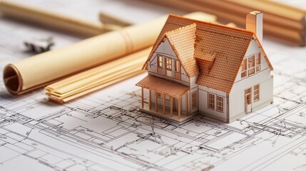 A miniature model house on architectural plans with a wooden roll of paper and a wooden pencil.