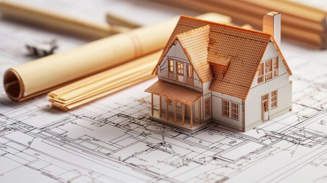 A miniature model house on architectural plans with a wooden roll of paper and a wooden pencil.