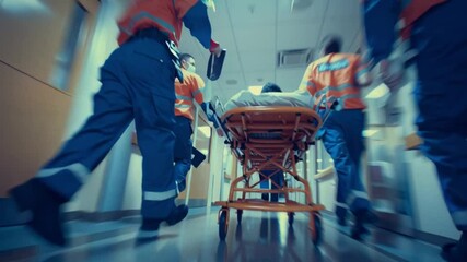 Emergency Response: A blurred, dynamic image captures the urgency of paramedics rushing a patient on a stretcher through a hospital corridor, symbolizing life-saving action and medical care. - Powered by Adobe