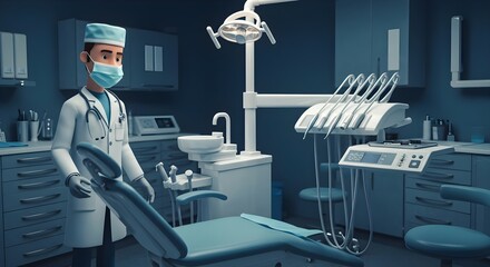 Cartoon, Dentist, Dental office, Cartoon Dentist in Modern Dental Office