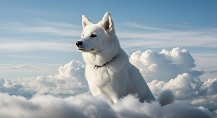 Fototapeta premium White dog, Dog, Canine, White Dog Sitting on Clouds in a Blue Sky