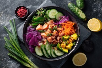 Bird s eye view of a vibrant salmon poke bowl with fresh veggies and rice on a dark slate backdrop