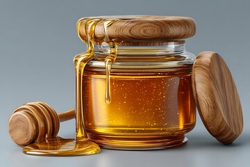 Glass jar filled with golden natural honey high resolution image
