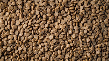 A close-up of a pile of brown dog food with a golden-brown hue.