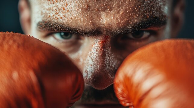 A fierce boxer prepares for the next round, sweat glistening on his brow, showcasing determination in his intense expression and readiness to engage in the fight. - Powered by Adobe