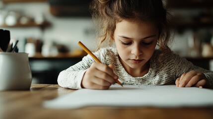 In a cozy kitchen setting, a young girl is deeply focused on her drawing, highlighting the importance of creativity, childhood innocence, and the joy of artistic expression.