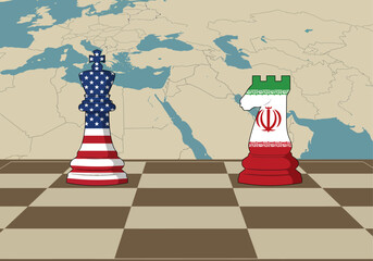 Geopolitical chess game between USA and Iran on a Middle East map.