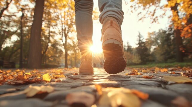 A person walks through a pathway covered in autumn leaves, backlit by a stunning sunset, highlighting a moment of connection with nature and seasonal beauty.