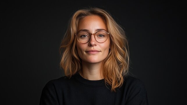 A confident woman with tousled hair smiles warmly in a black sweater against a dark background, encapsulating a moment of self-assurance and inner beauty in a minimalistic style. - Powered by Adobe
