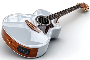 Glossy white acoustic guitar with gold accents high resolution image