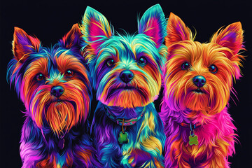 Three Yorkies, full-body shot, multiple colors, glowing neon lines, black background, t-shirt design vector art, high contrast
