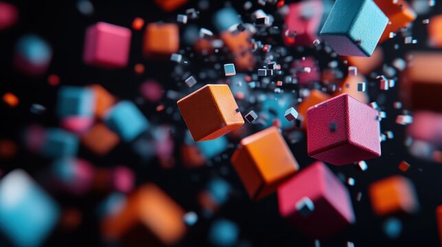 An explosion of colorful blocks in various sizes and shapes floats in a dark space, representing creativity, innovation, and the dynamic nature of the digital world and technology. - Powered by Adobe