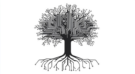 vector black and white tree of life made from circuit board, roots on the ground, clip art style logo for t-shirt design, vector illustration