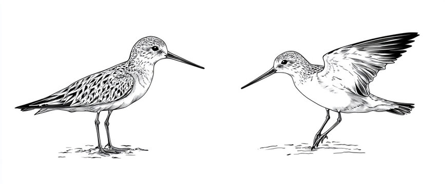 Two vector black and white illustrations of a sandpiper bird, one standing on the ground with a long beak and body, the second flying in flight and looking towards the camera