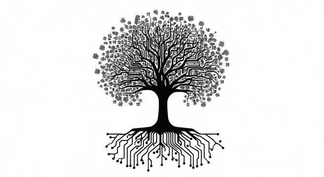 vector black and white tree of life made from circuit board, roots on the ground, clip art style logo for t-shirt design, vector illustration