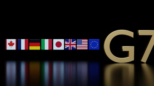 Various national flags representing G7 member countries align next to a prominent G7 emblem. The display signifies collaboration among major economies in addressing global issues. 3D animation.