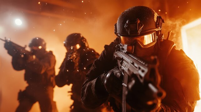 A group of armed tactical operatives in combat gear is depicted in a dramatic moment, emphasizing teamwork and determination in a visually striking and intense environment.