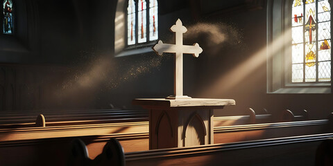 Tranquil chapel scene with stained glass illumination

