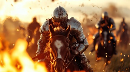 A fierce knight in shining armor rides valiantly through a chaotic battlefield, surrounded by smoke and flames, showcasing bravery and historical valor in combat.